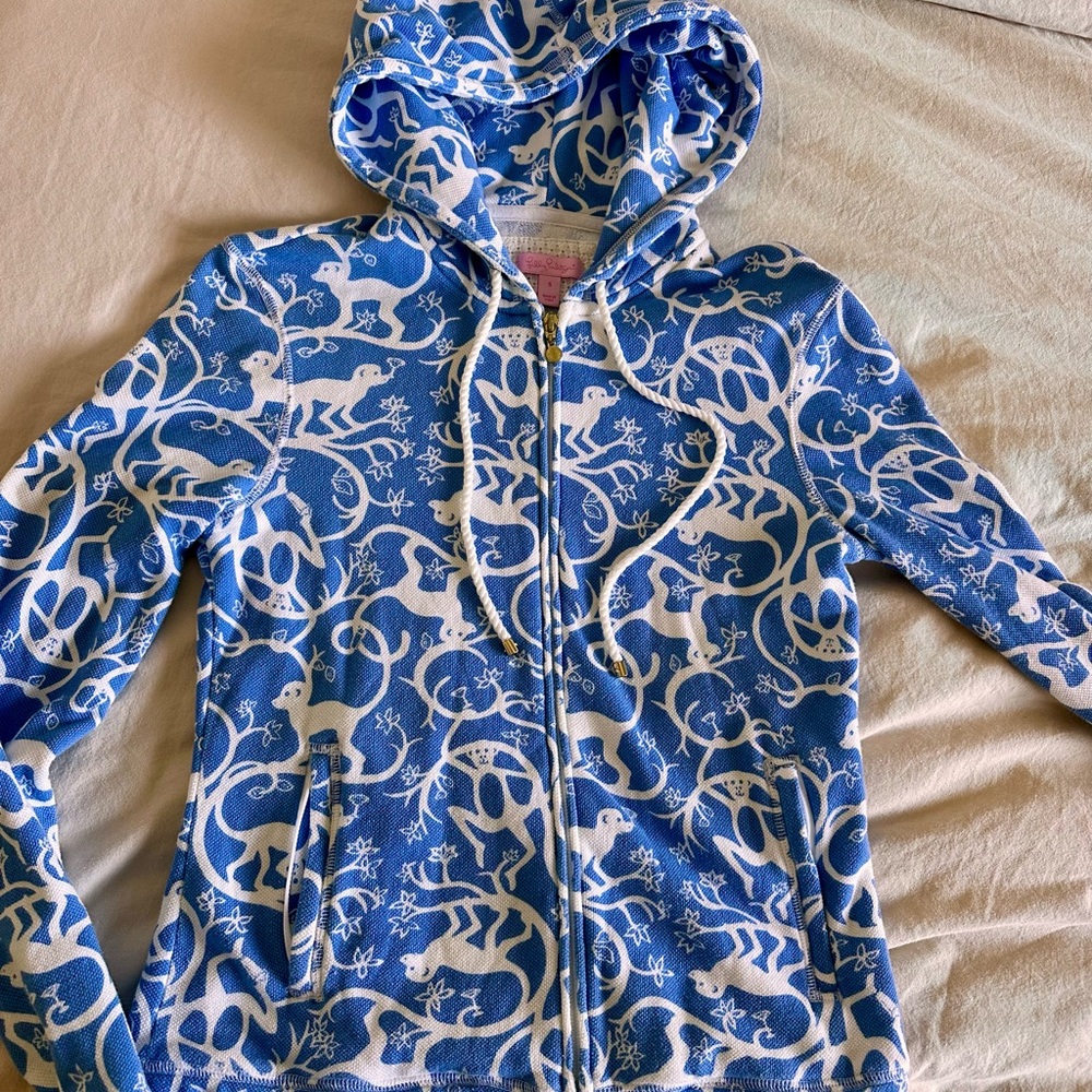 Lilly Pulitzer Blue & White Monkey Business print Beach Hoodie S